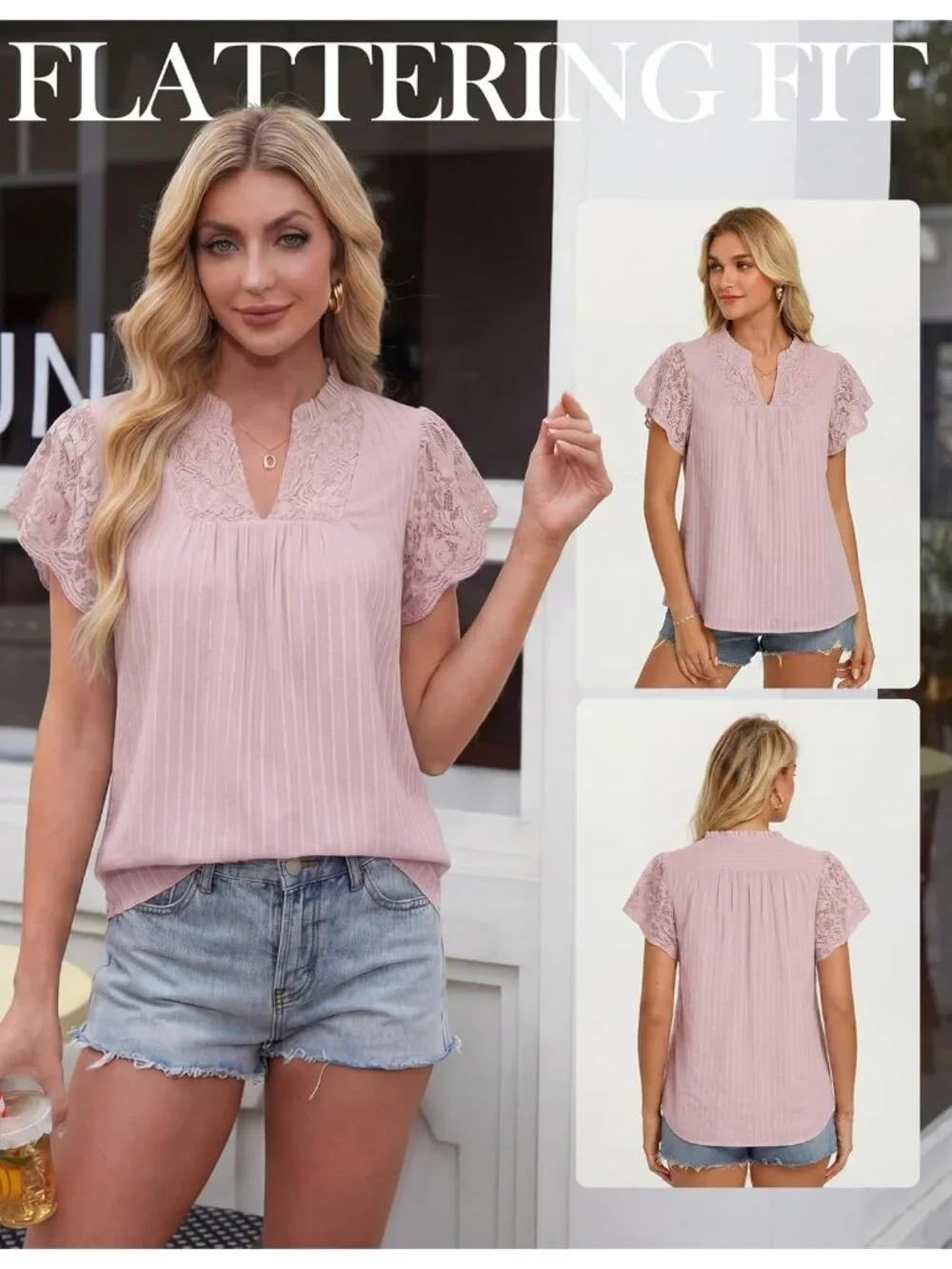 Women's Lace Short Sleeve Tops Summer Dressy Dusty Pink Blouses Flowy V Neck - Picture 3 of 6